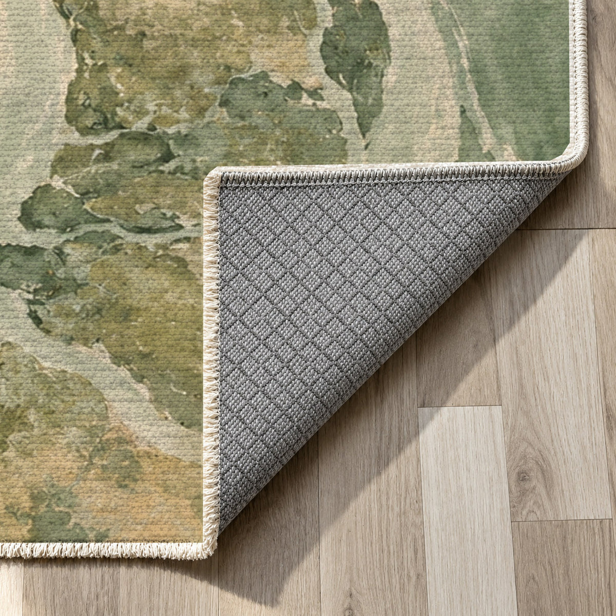 Delta At Dawn Sage Abstract Washable Rug — backing close up