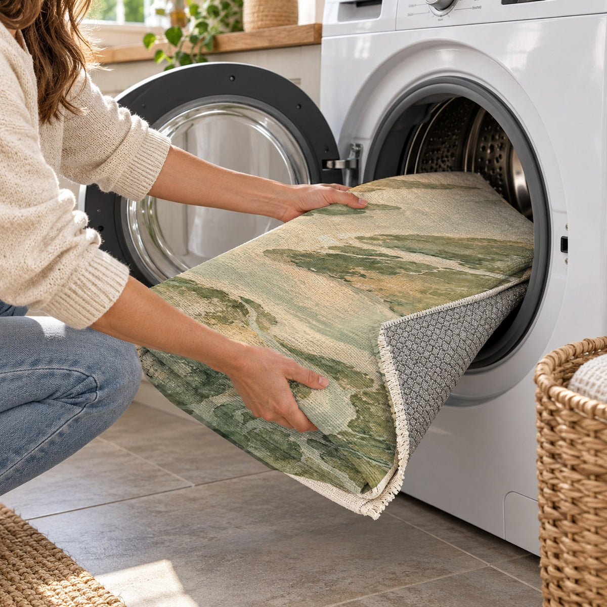 Delta At Dawn Sage Abstract Washable Rug — washing machine