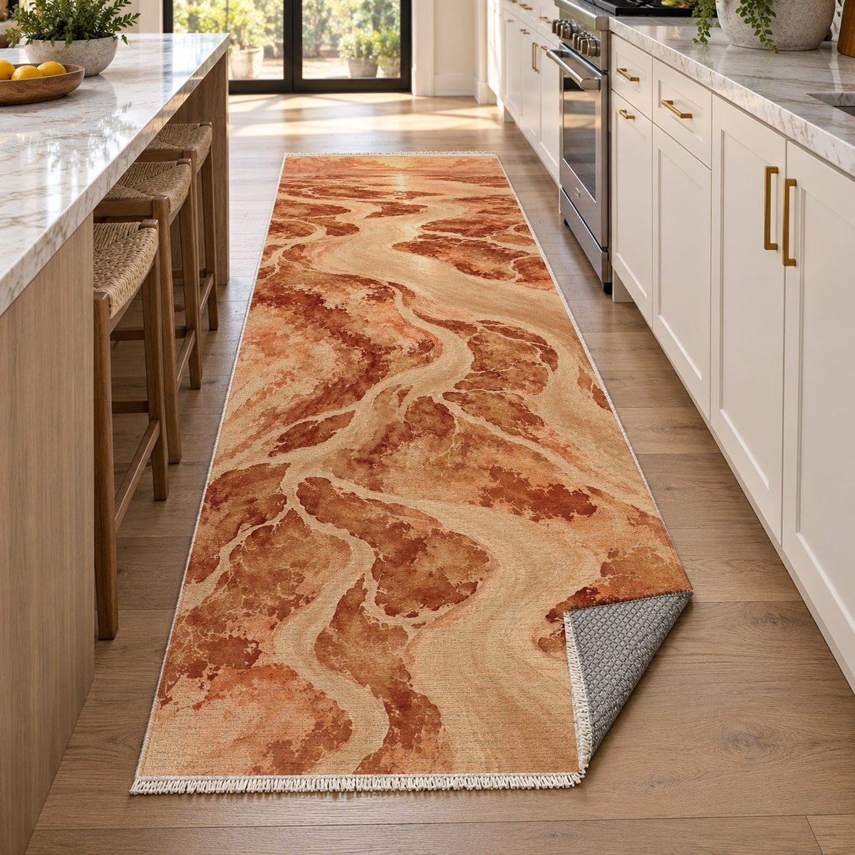 Delta At Dawn Terracotta Abstract Washable Rug — new york kitchen runner