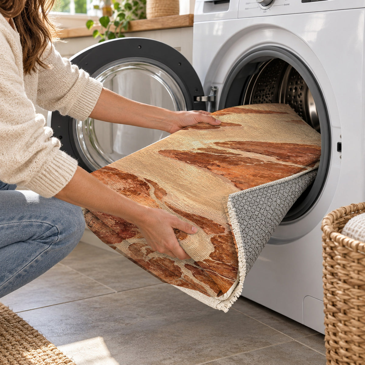 Delta At Dawn Terracotta Abstract Washable Rug — washing machine