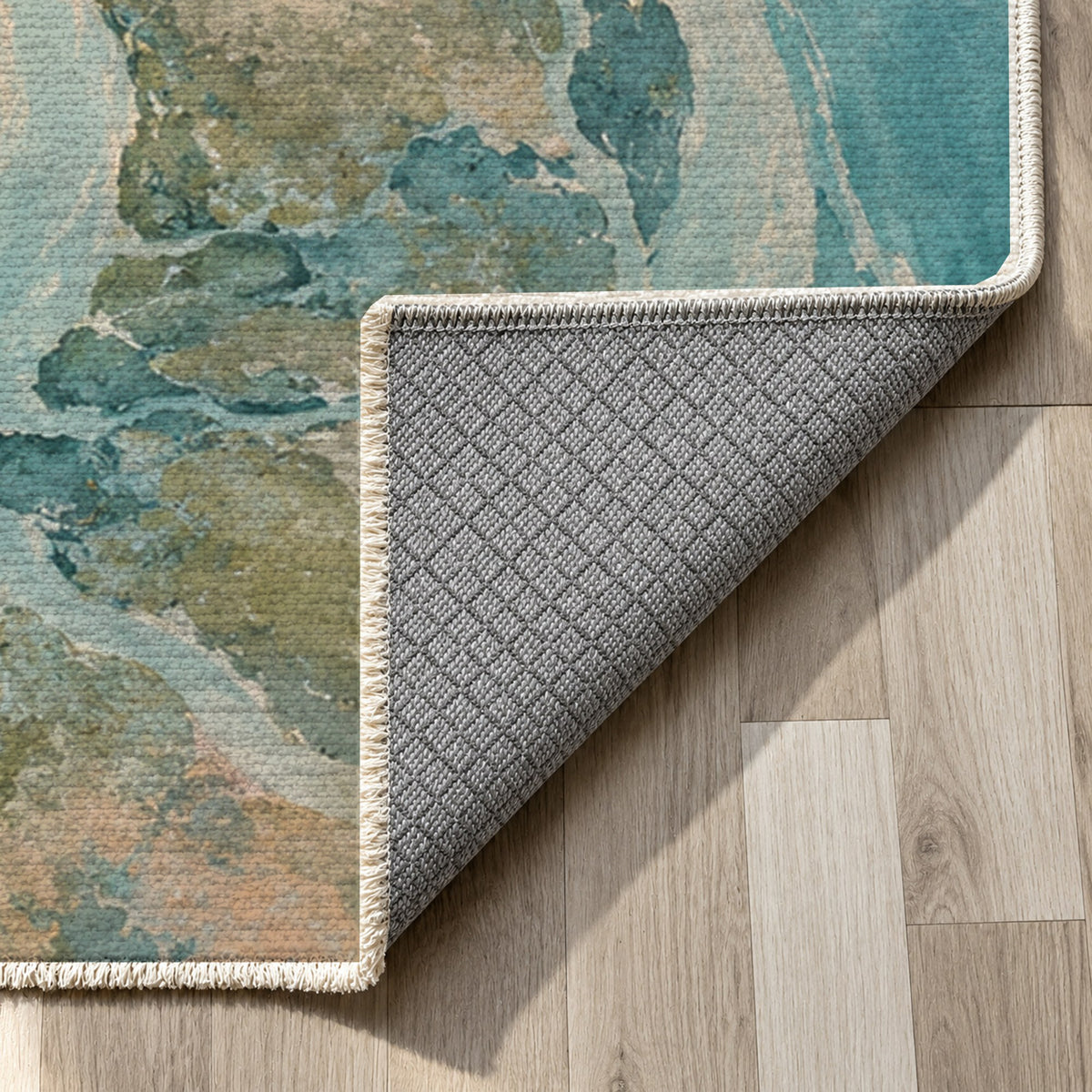 Delta At Dawn Abstract Washable Rug — backing close up