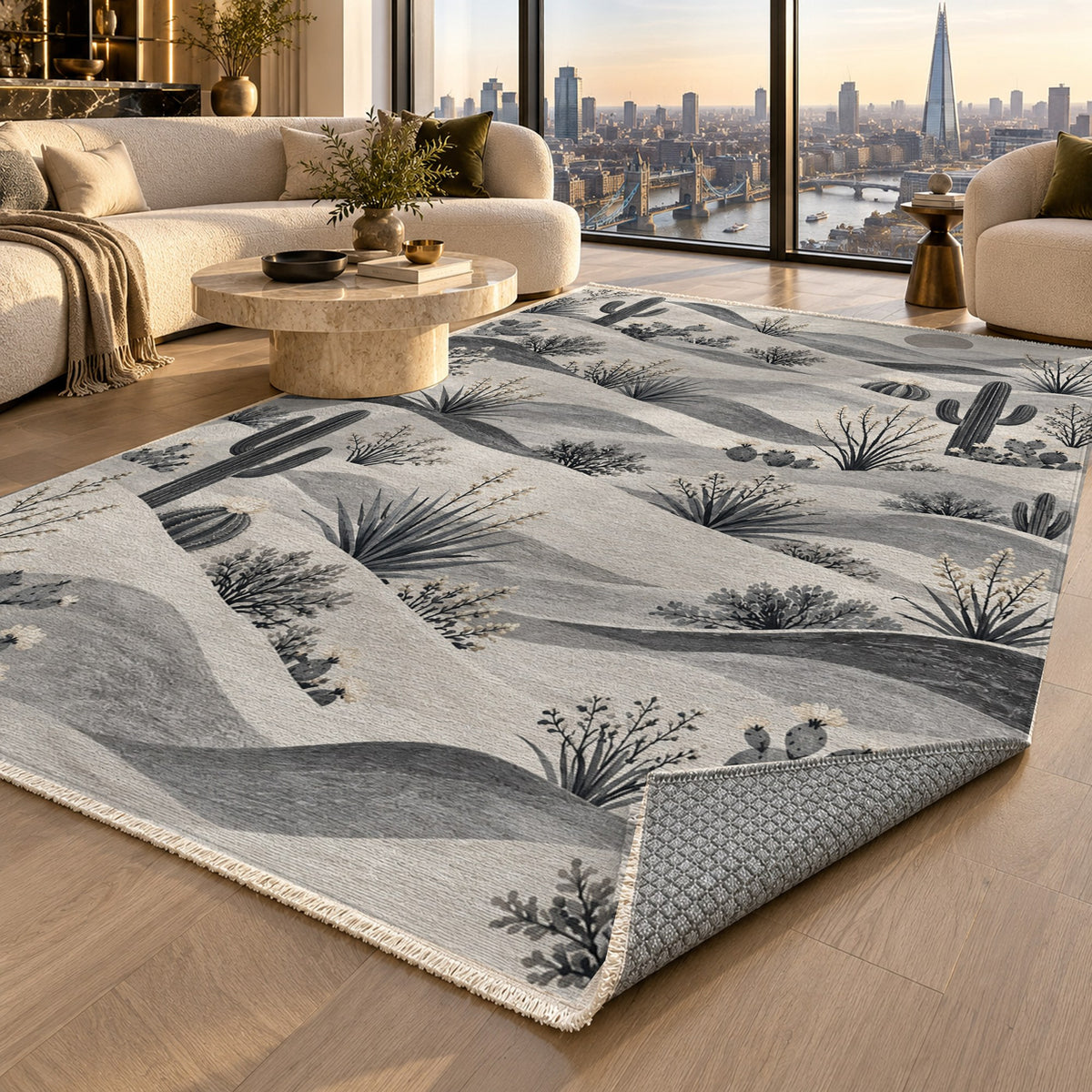 Desert Bloom Charcoal Modern Washable Rug — london luxury living
