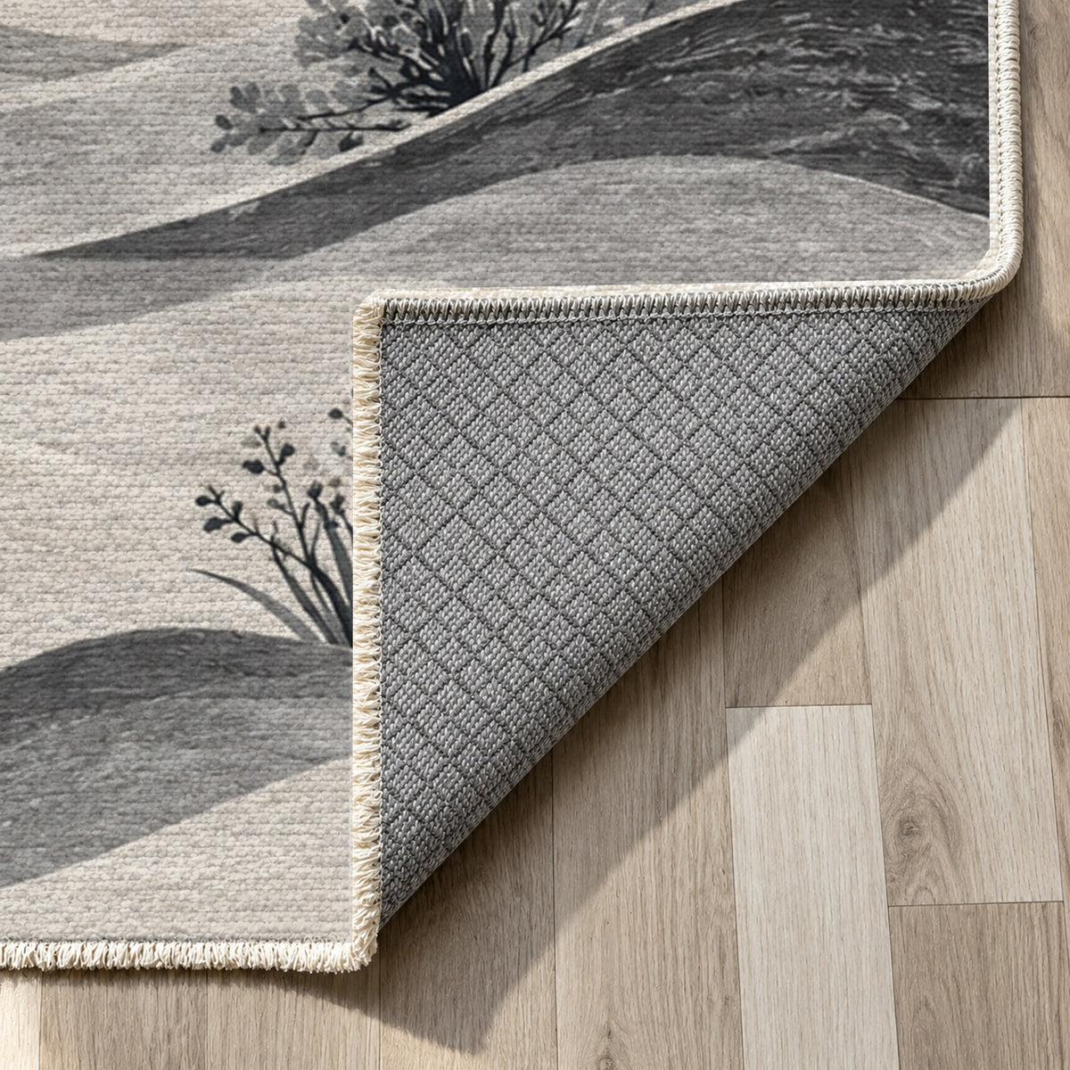 Desert Bloom Charcoal Modern Washable Rug — backing close up
