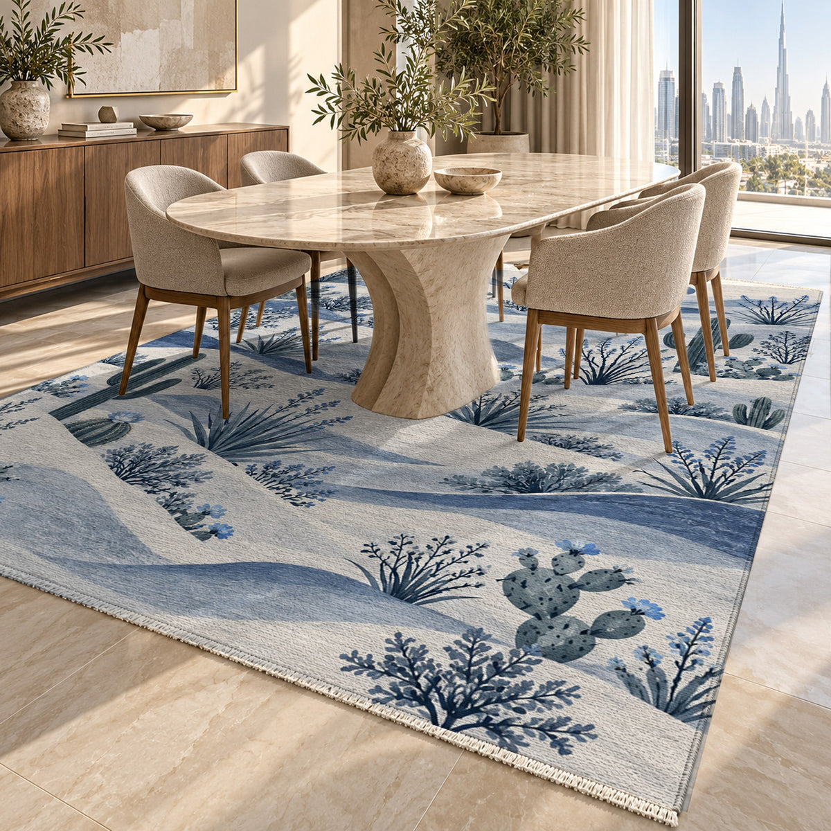 Desert Bloom Indigo Modern Washable Rug — dubai dining