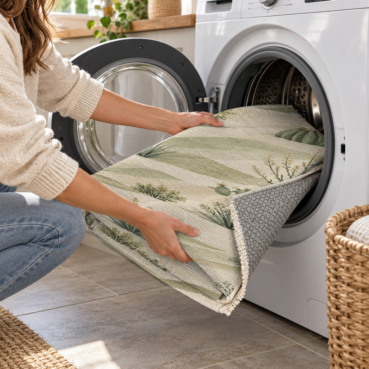 Desert Bloom Sage Modern Washable Rug — washing machine