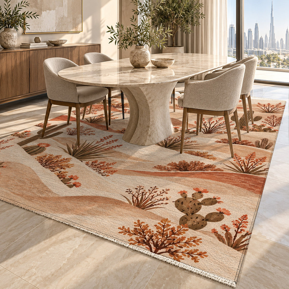 Desert Bloom Terracotta Modern Washable Rug — dubai dining