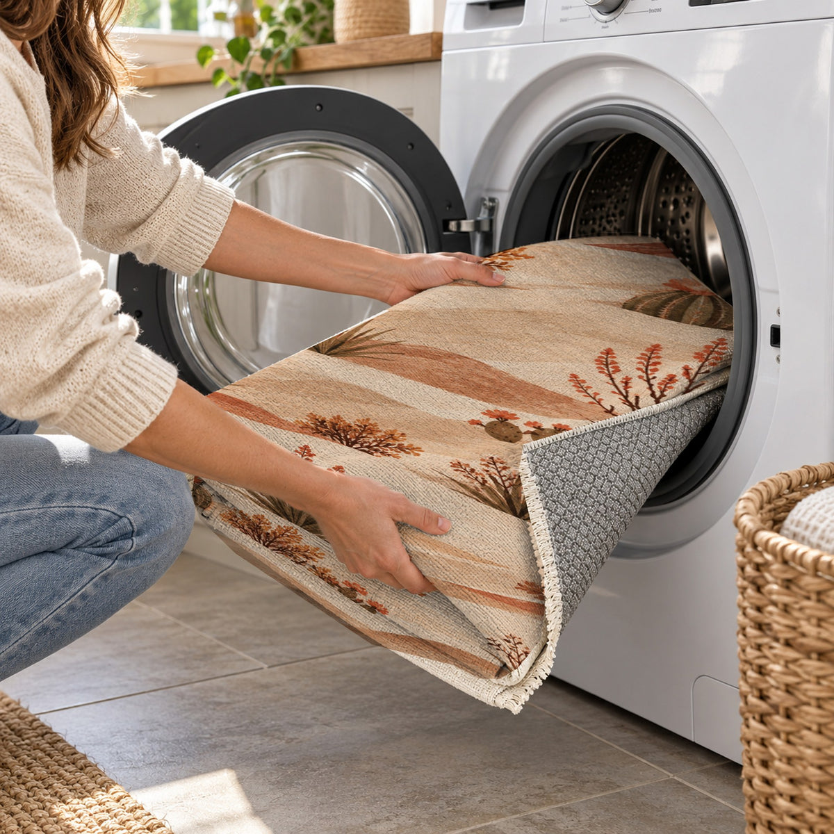 Desert Bloom Terracotta Modern Washable Rug — washing machine