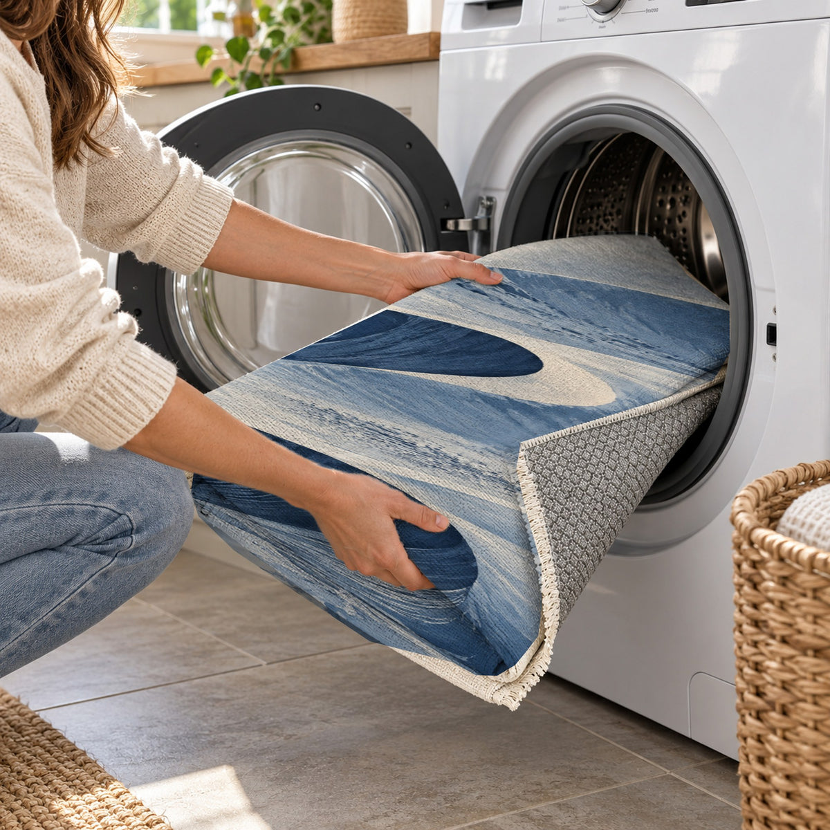 Desert Dunes Indigo Modern Washable Rug — washing machine