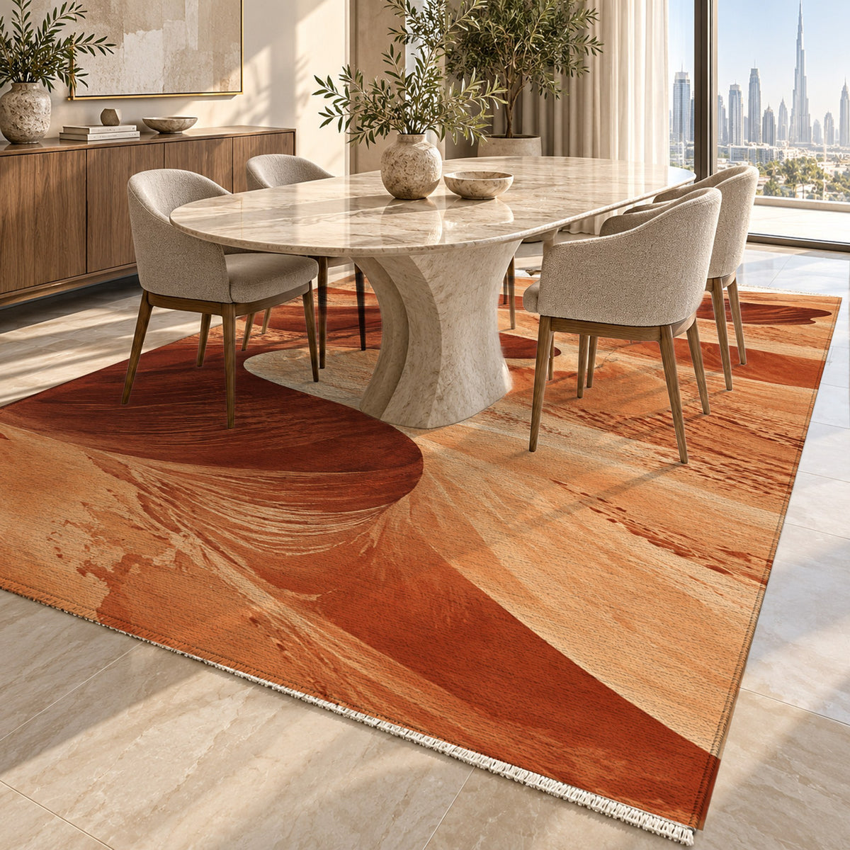 Desert Dunes Terracotta Modern Washable Rug — dubai dining