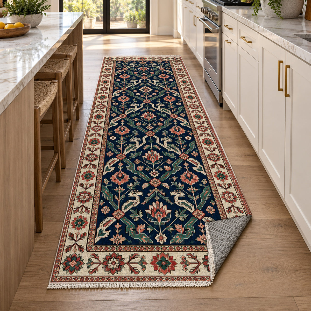 Dragon Vines Indigo Rose Ethnic Washable Rug — new york kitchen runner
