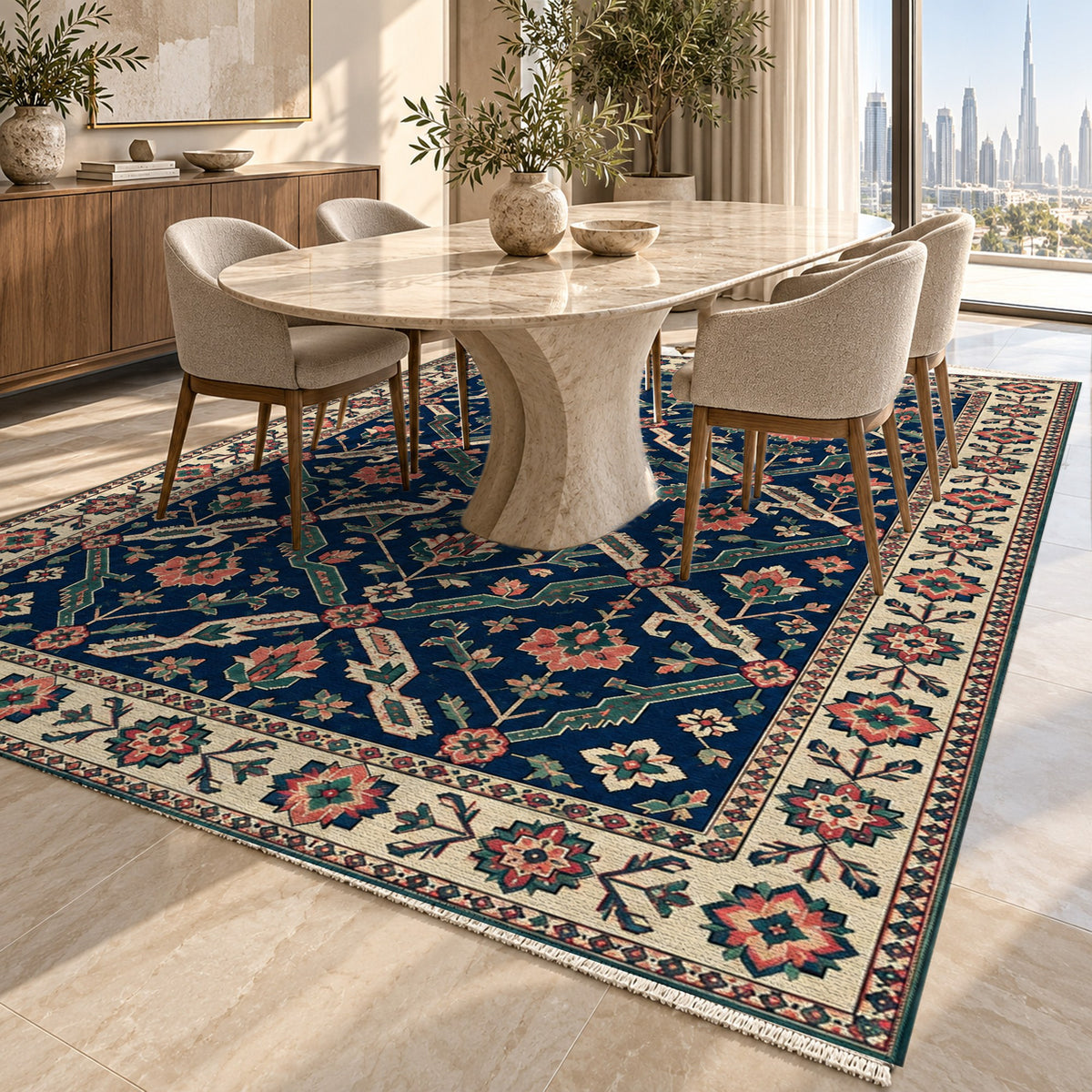 Dragon Vines Indigo Rose Ethnic Washable Rug — dubai dining