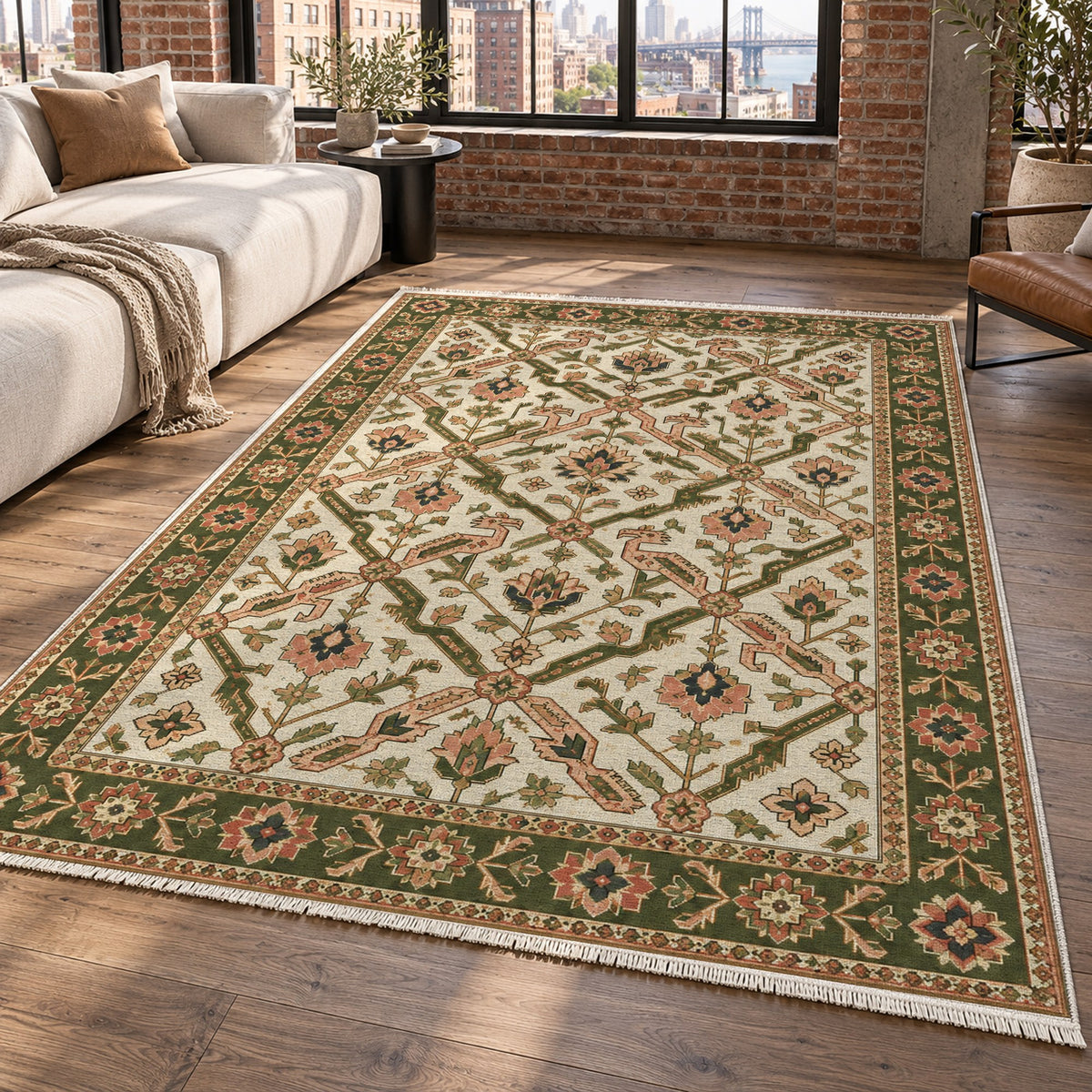 Dragon Vines Ivory Olive Ethnic Washable Rug — new york living