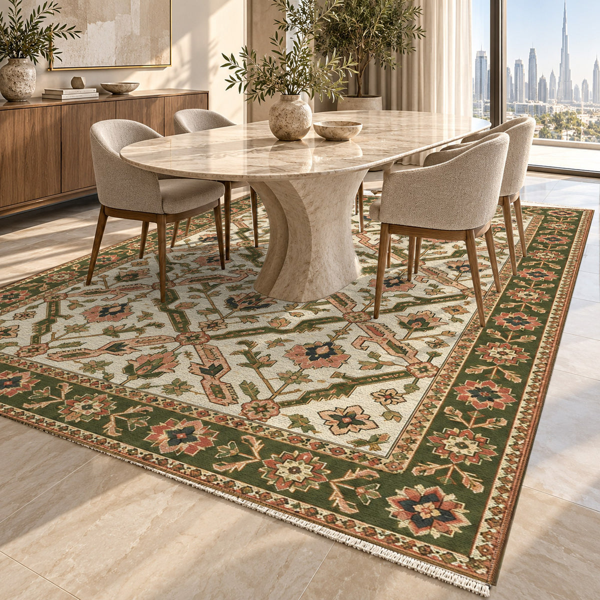 Dragon Vines Ivory Olive Ethnic Washable Rug — dubai dining
