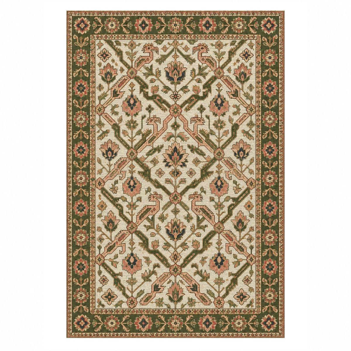 Dragon Vines Ivory Olive Ethnic Washable Rug — top view