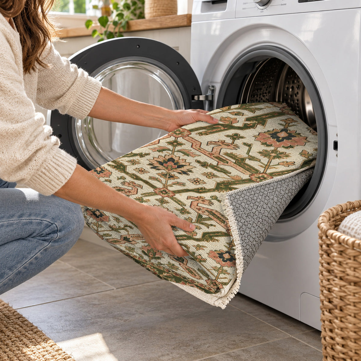Dragon Vines Ivory Olive Ethnic Washable Rug — washing machine