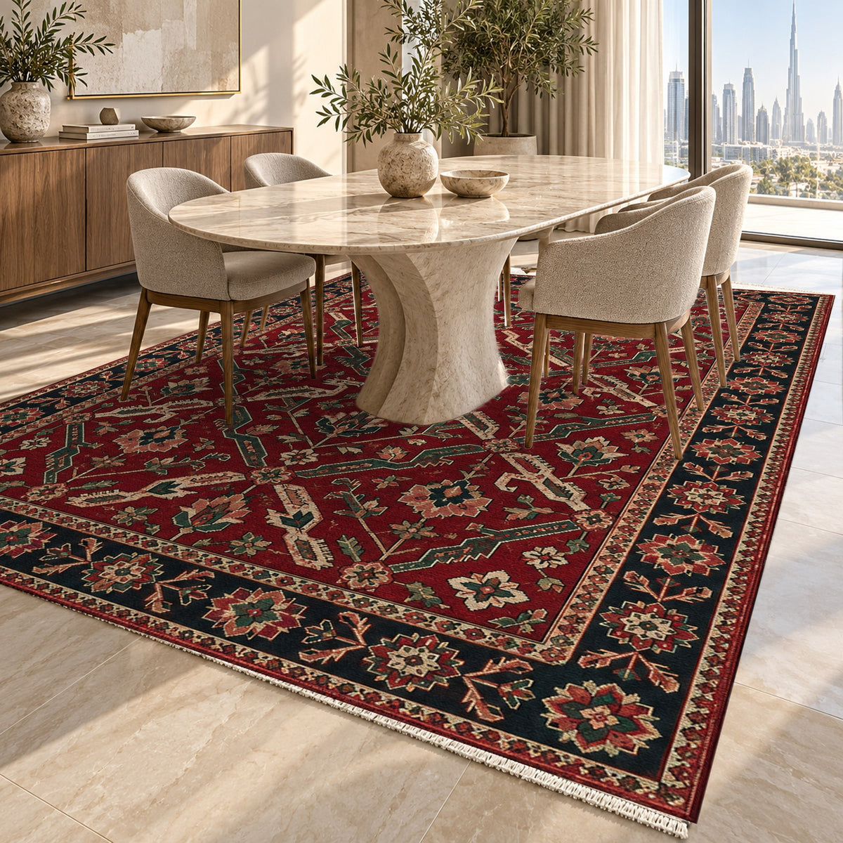 Dragon Vines Ruby Midnight Ethnic Washable Rug — dubai dining