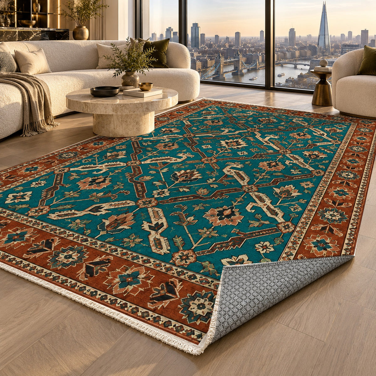Dragon Vines Turquoise Copper Ethnic Washable Rug — london luxury living
