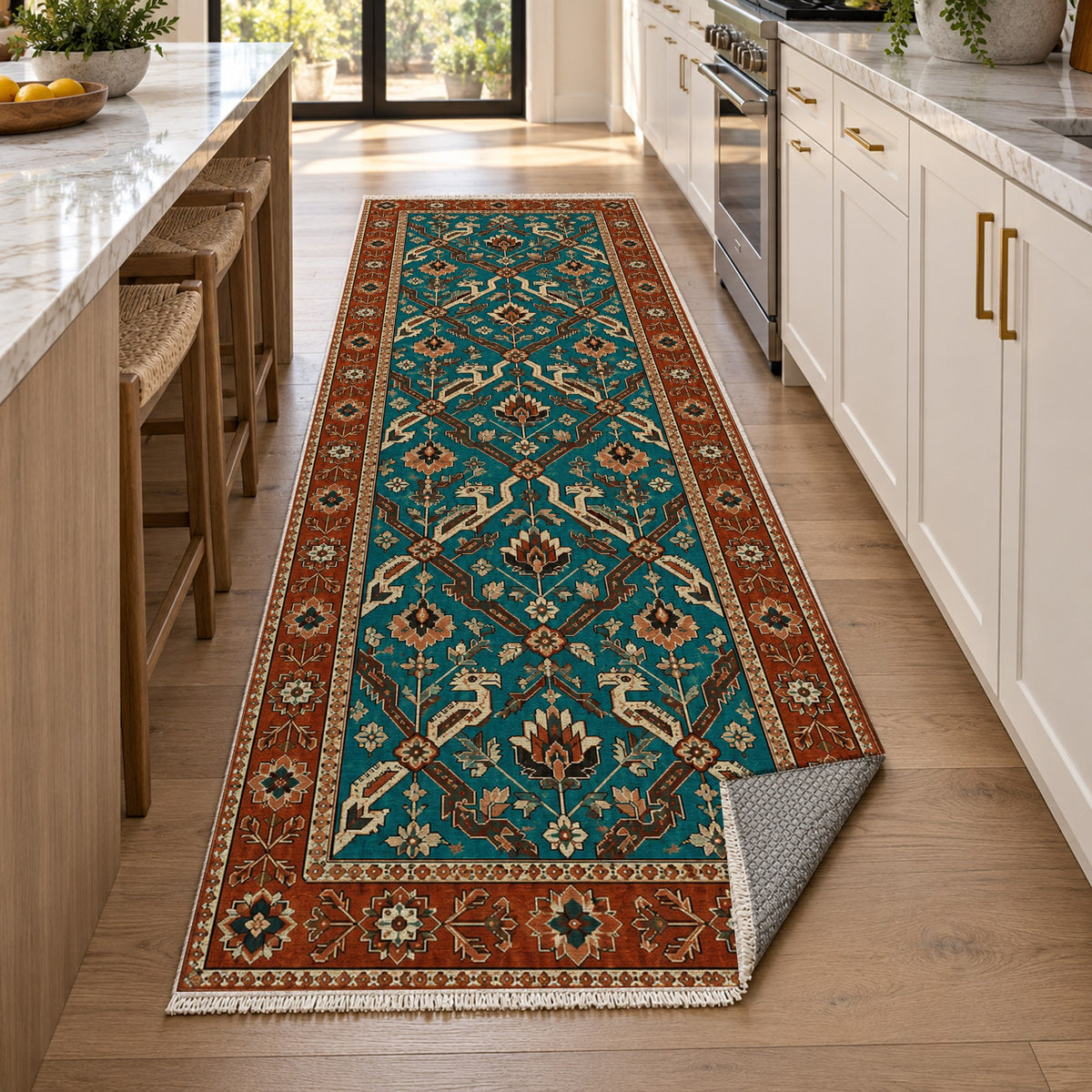Dragon Vines Turquoise Copper Ethnic Washable Rug — new york kitchen runner