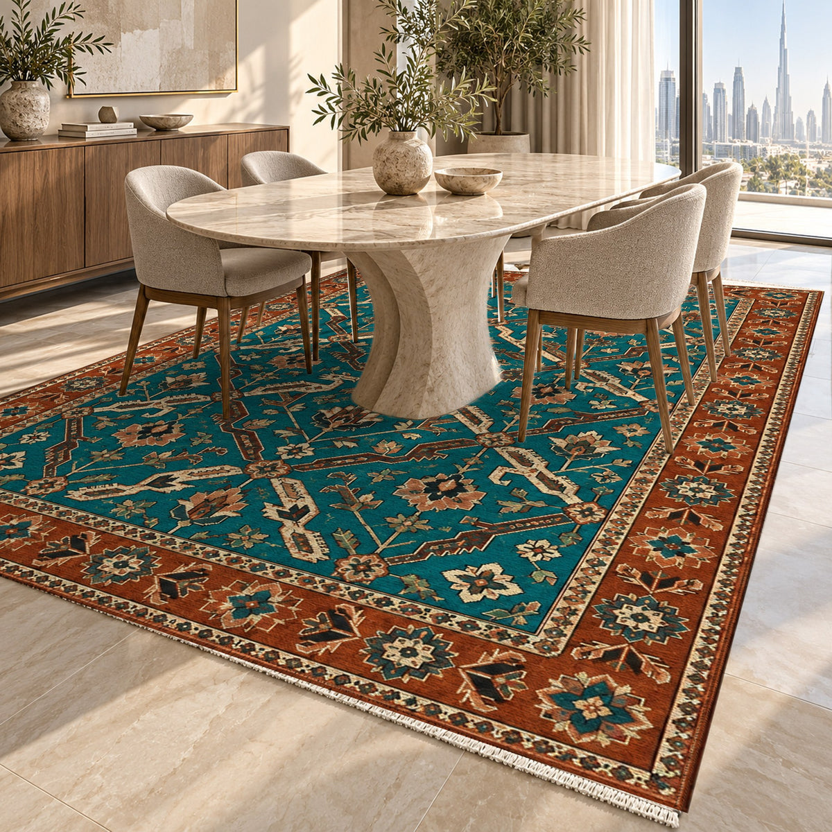 Dragon Vines Turquoise Copper Ethnic Washable Rug — dubai dining