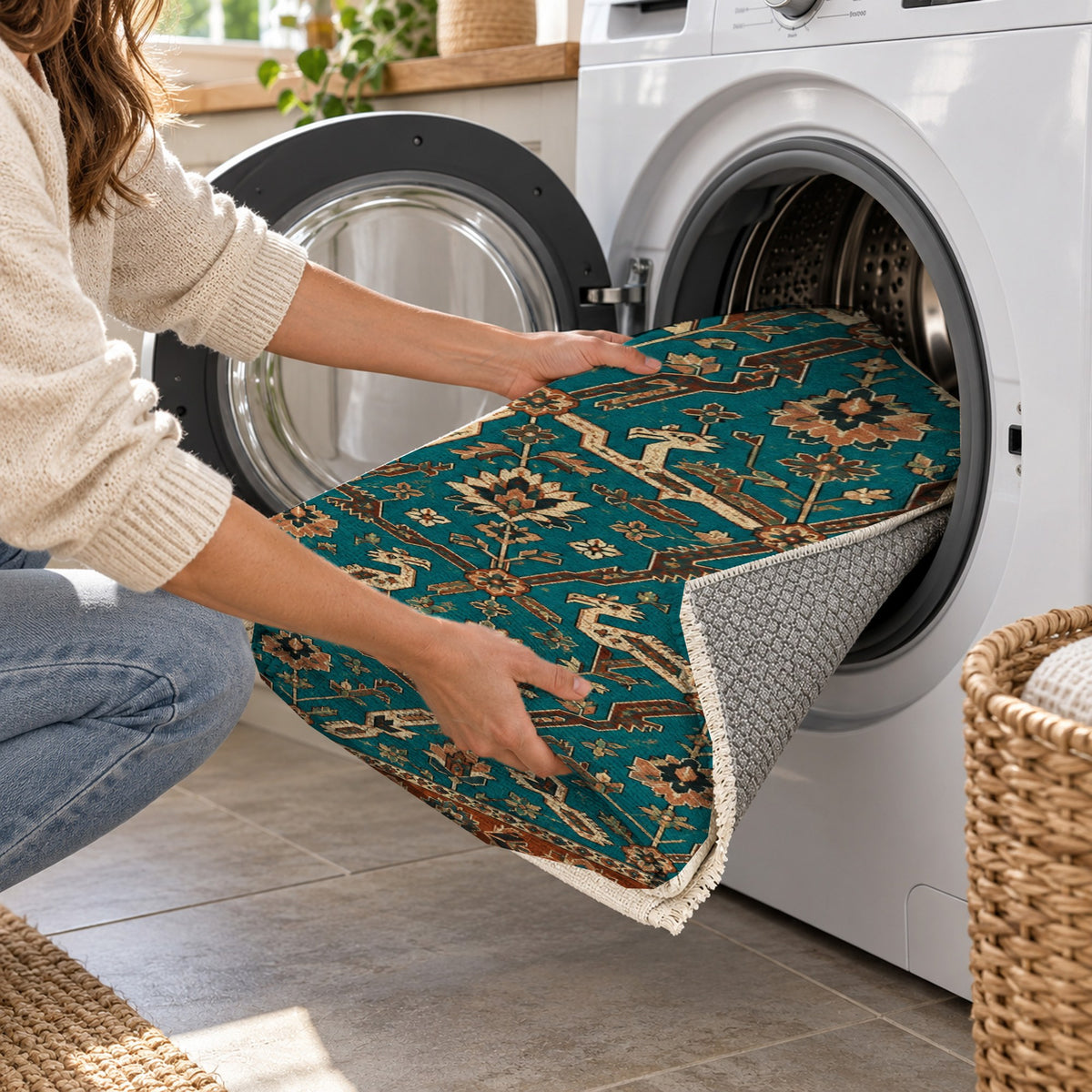 Dragon Vines Turquoise Copper Ethnic Washable Rug — washing machine