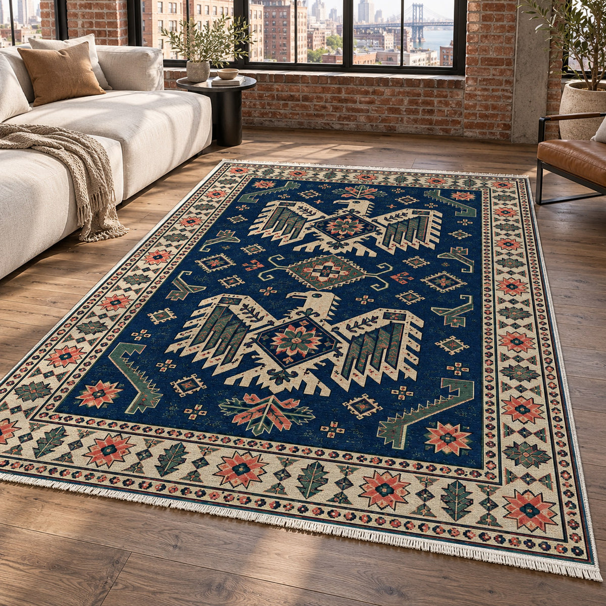 Eagle Medallions Indigo Rose Ethnic Washable Rug — new york living