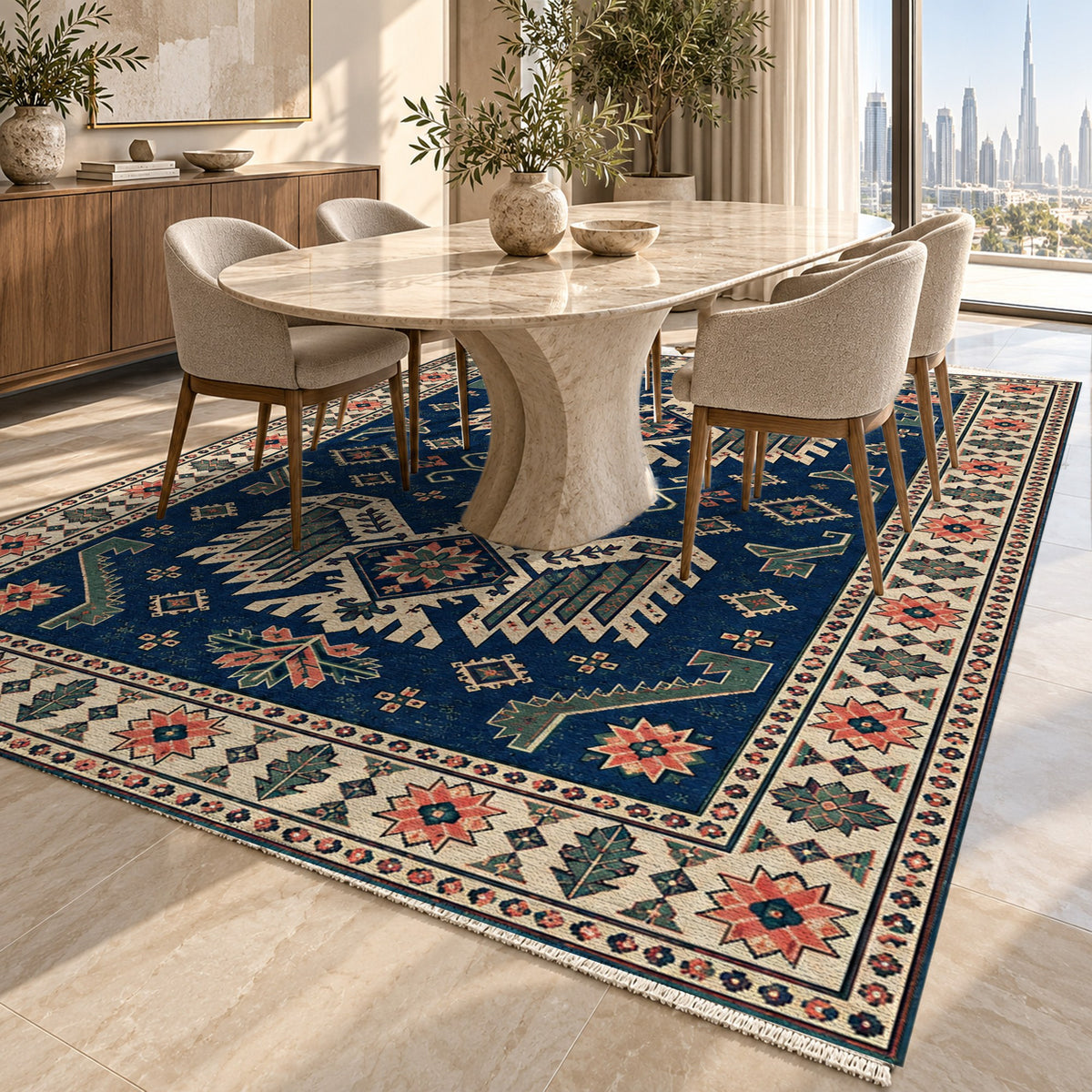 Eagle Medallions Indigo Rose Ethnic Washable Rug — dubai dining