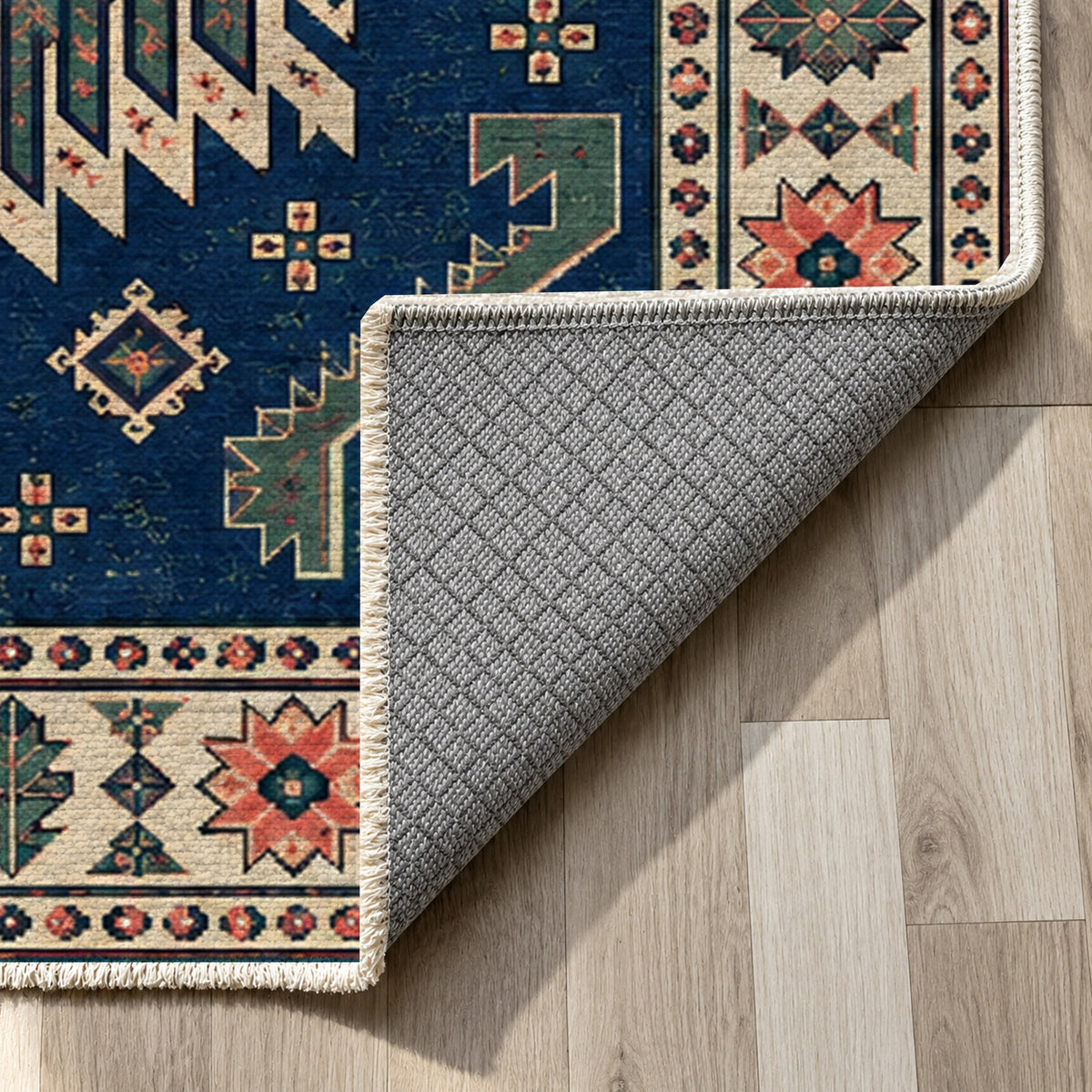 Eagle Medallions Indigo Rose Ethnic Washable Rug — backing close up