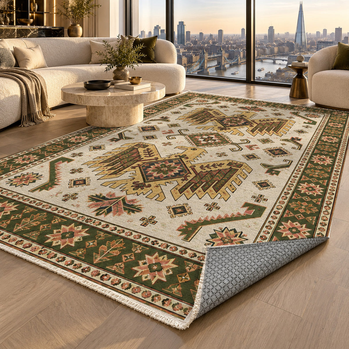 Eagle Medallions Ivory Olive Ethnic Washable Rug — london luxury living