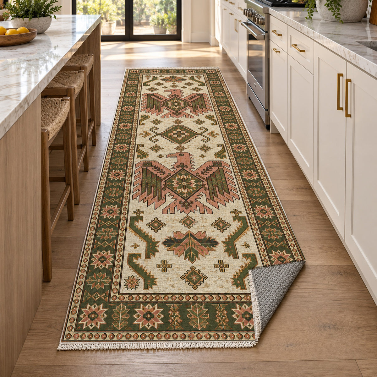 Eagle Medallions Ivory Olive Ethnic Washable Rug — new york kitchen runner