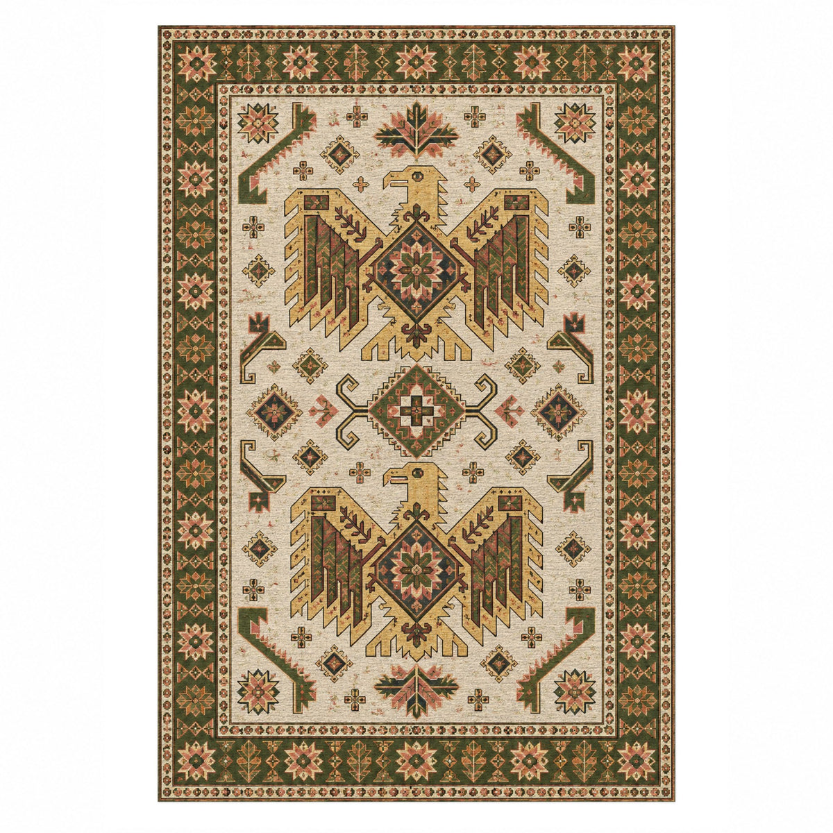Eagle Medallions Ivory Olive Ethnic Washable Rug — top view