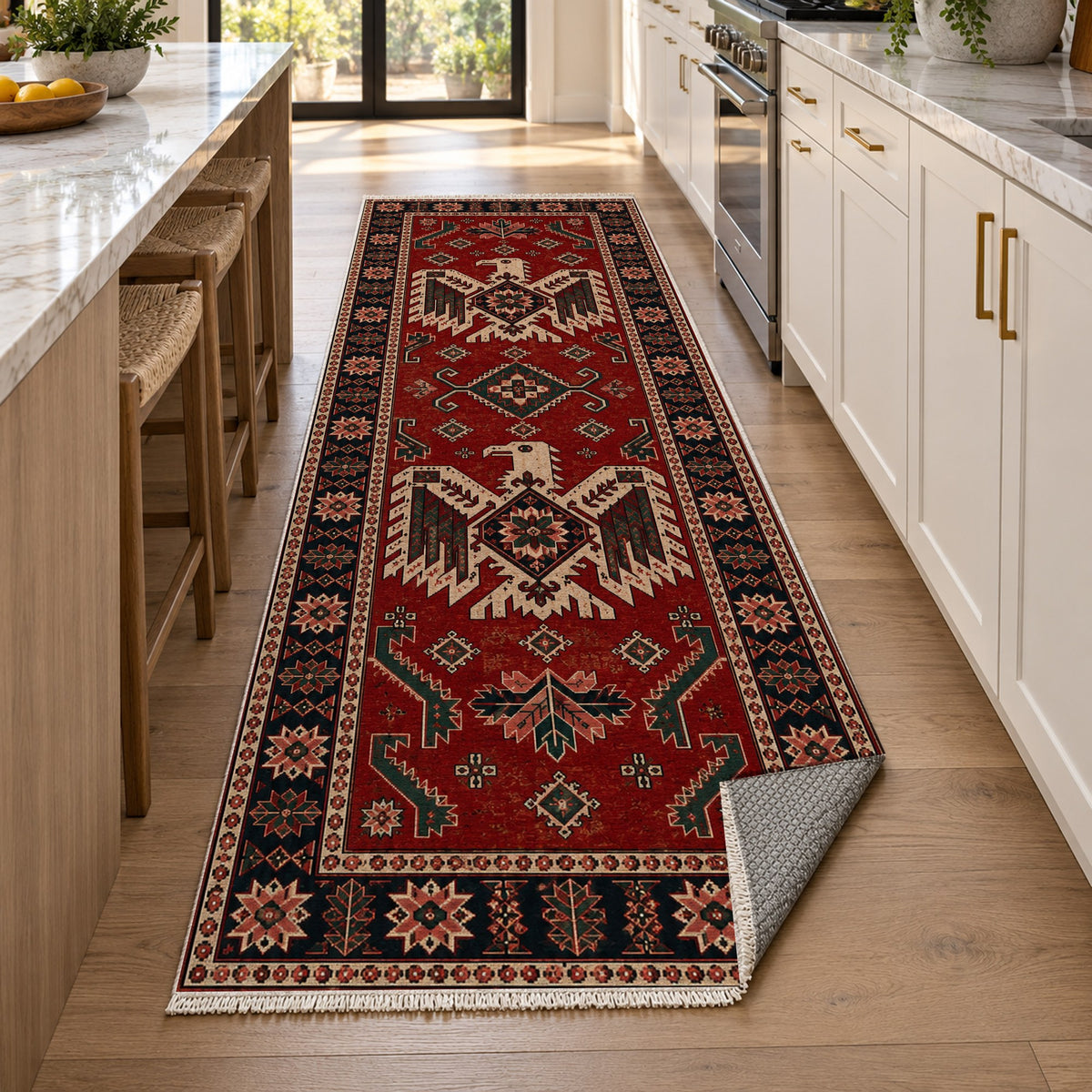 Eagle Medallions Ruby Midnight Ethnic Washable Rug — new york kitchen runner