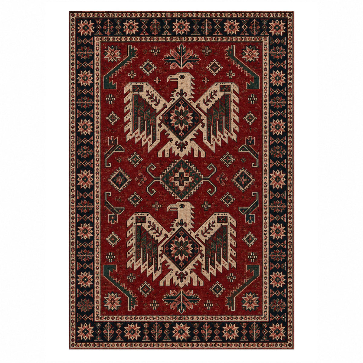 Eagle Medallions Ruby Midnight Ethnic Washable Rug — top view