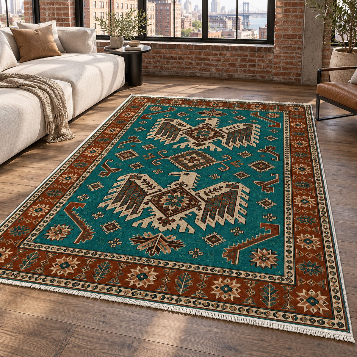 Eagle Medallions Turquoise Copper Ethnic Washable Rug — new york living