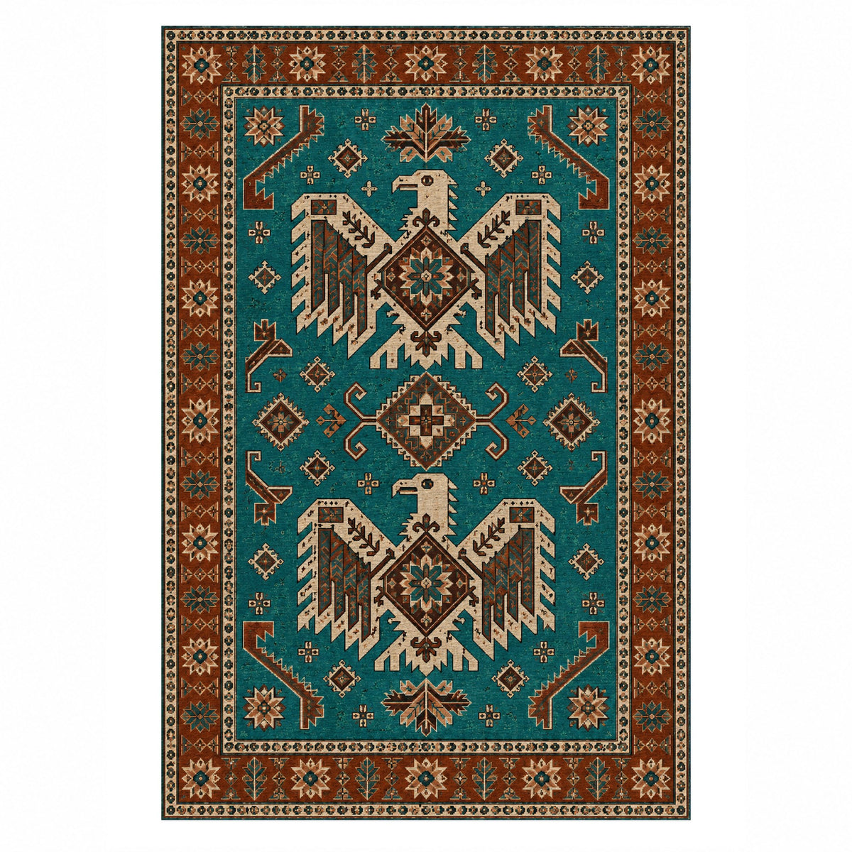 Eagle Medallions Turquoise Copper Ethnic Washable Rug — top view