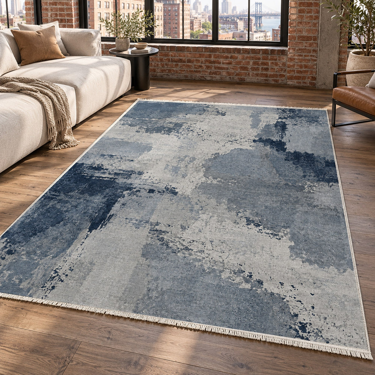 Earth Pigment Blue Grey Abstract Washable Rug — new york living