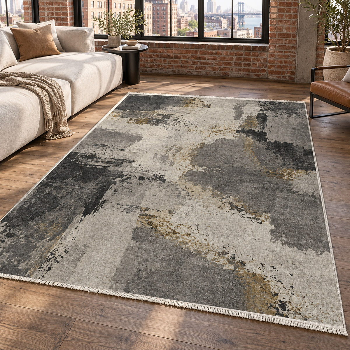 Earth Pigment Charcoal Gold Abstract Washable Rug — new york living