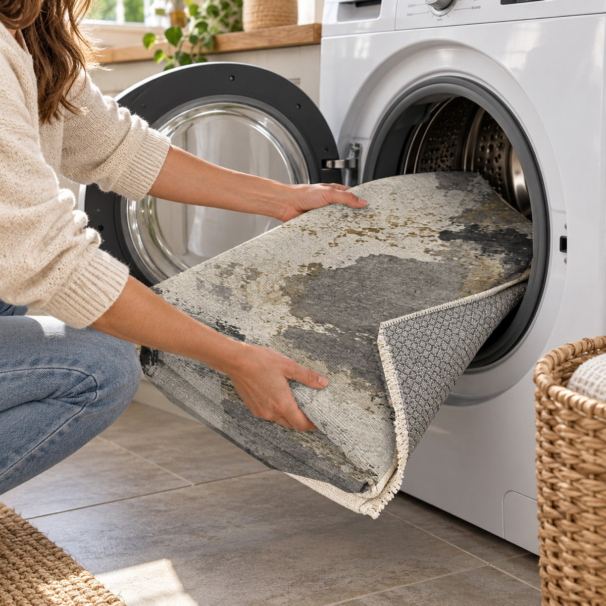 Earth Pigment Charcoal Gold Abstract Washable Rug — washing machine