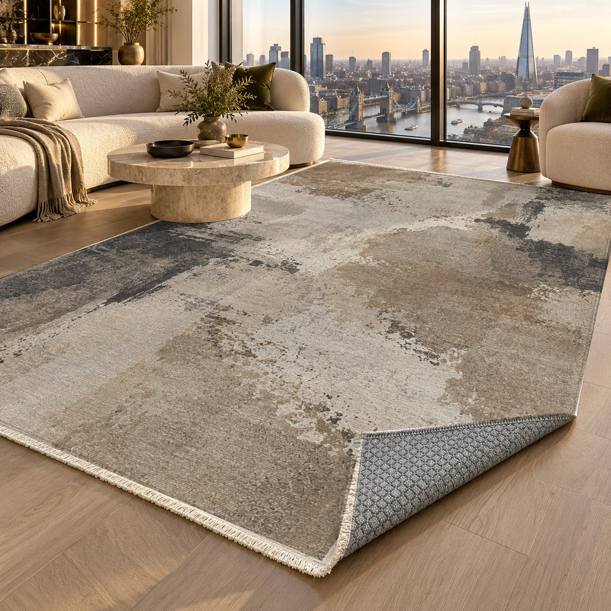 Earth Pigment Ivory Taupe Abstract Washable Rug — london luxury living