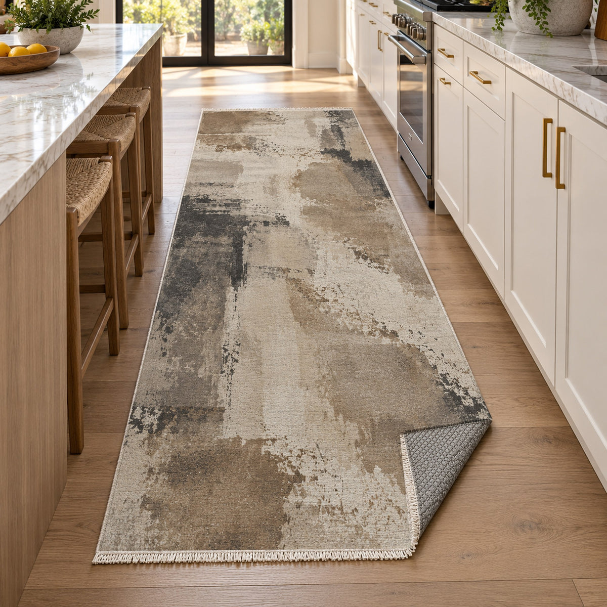 Earth Pigment Ivory Taupe Abstract Washable Rug — new york kitchen runner