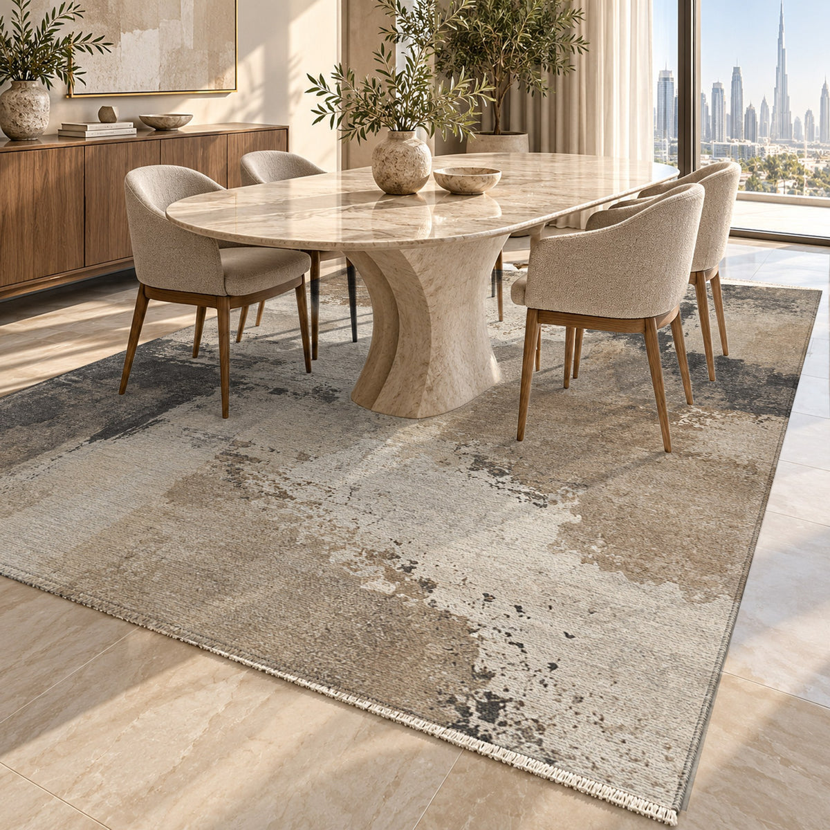 Earth Pigment Ivory Taupe Abstract Washable Rug — dubai dining