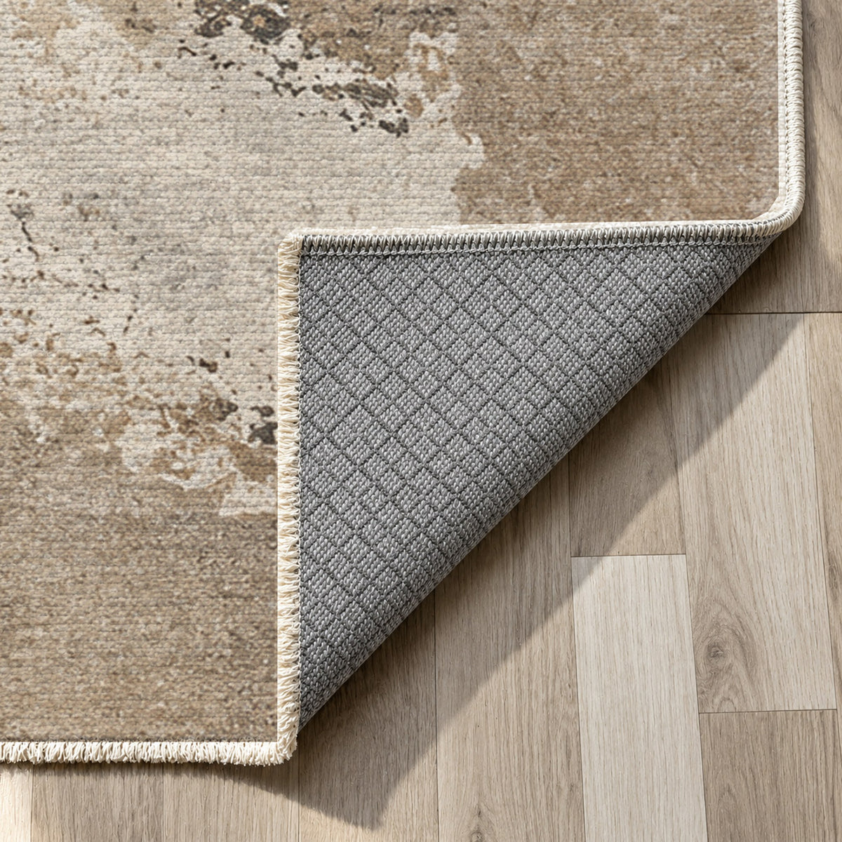 Earth Pigment Ivory Taupe Abstract Washable Rug — backing close up