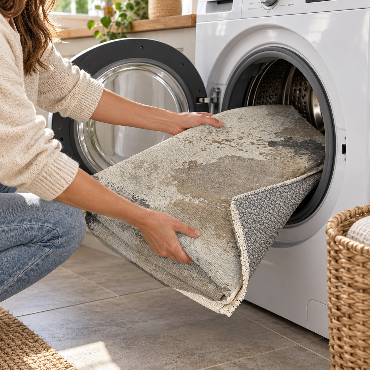 Earth Pigment Ivory Taupe Abstract Washable Rug — washing machine