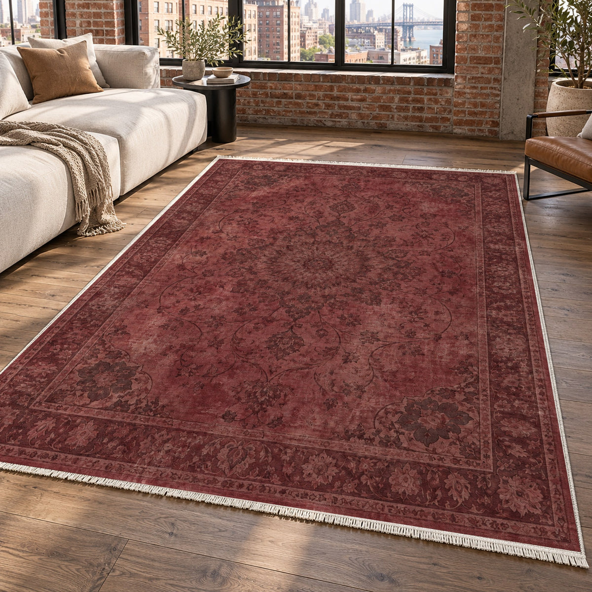 Erased Isfahan Burgundy Red Vintage Washable Rug — new york living