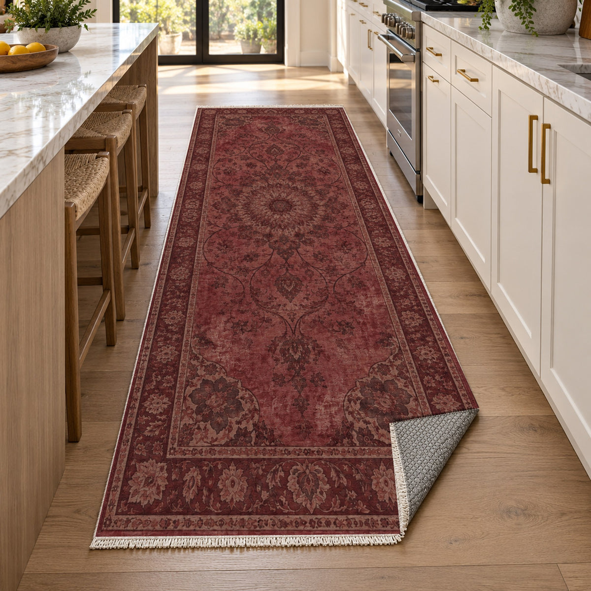 Erased Isfahan Burgundy Red Vintage Washable Rug — new york kitchen runner