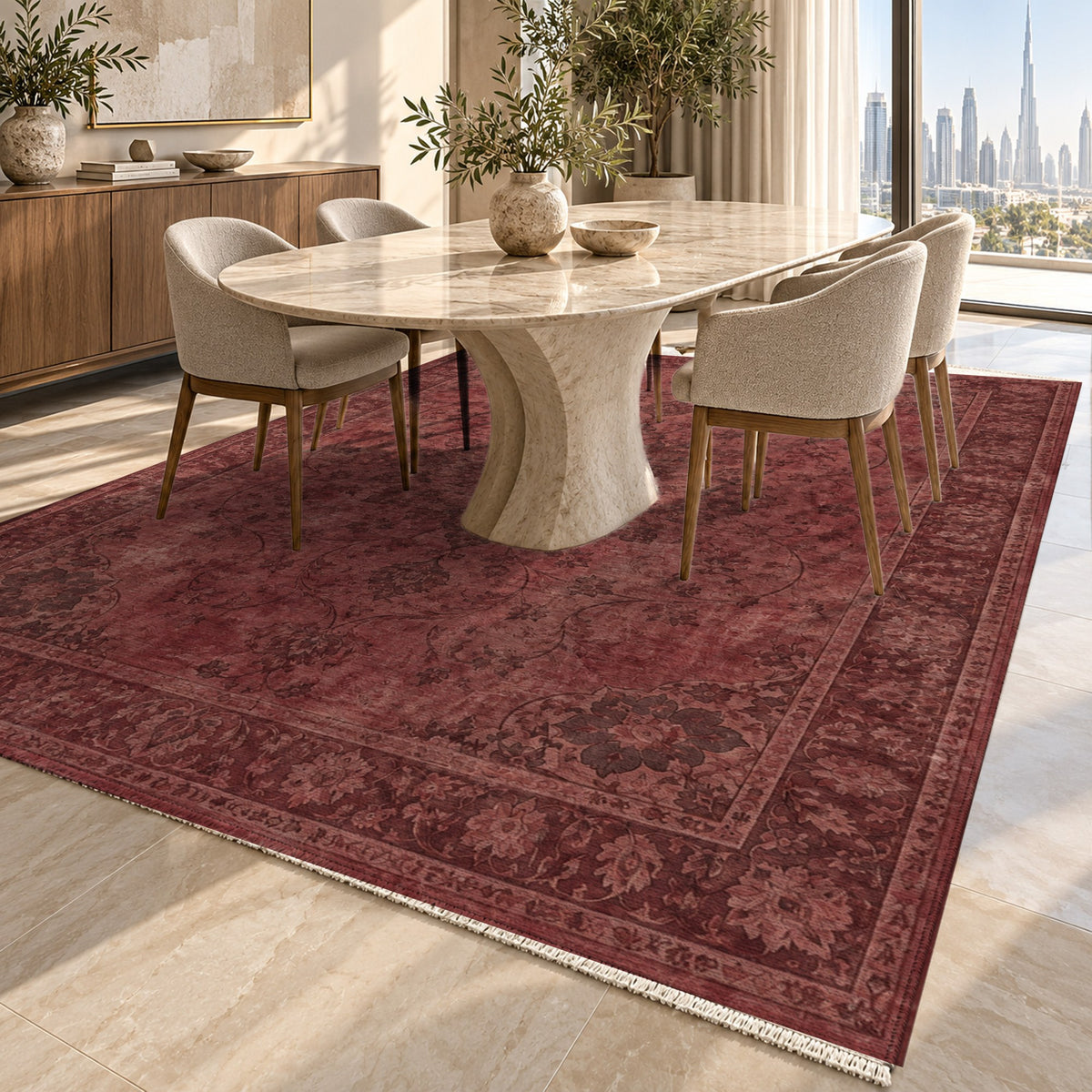 Erased Isfahan Burgundy Red Vintage Washable Rug — dubai dining
