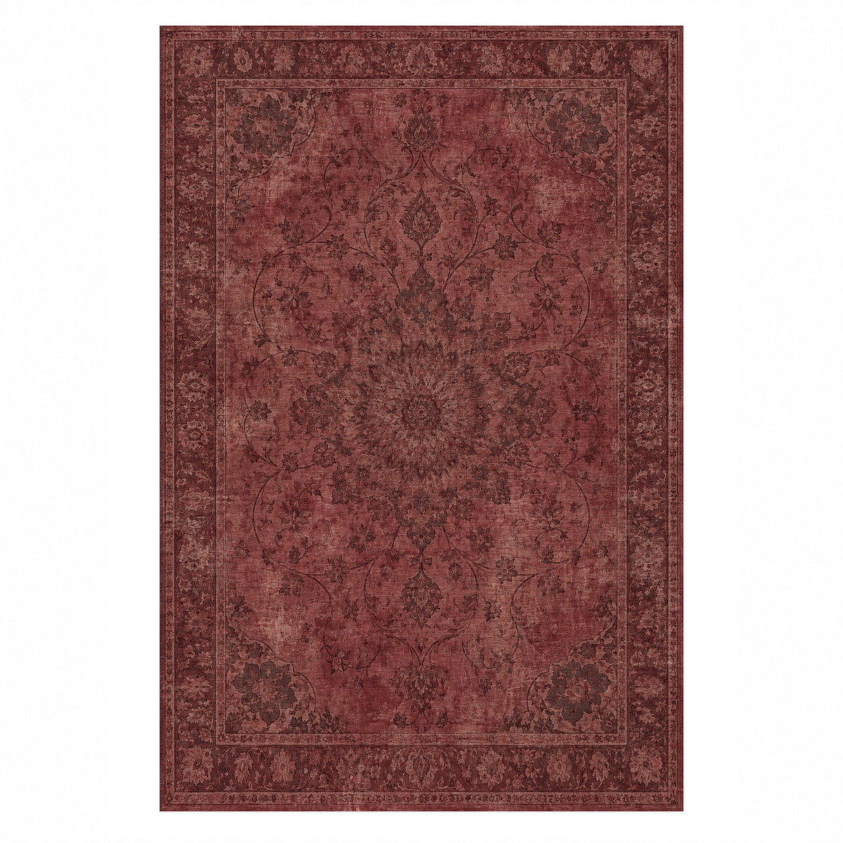 Erased Isfahan Burgundy Red Vintage Washable Rug — top view