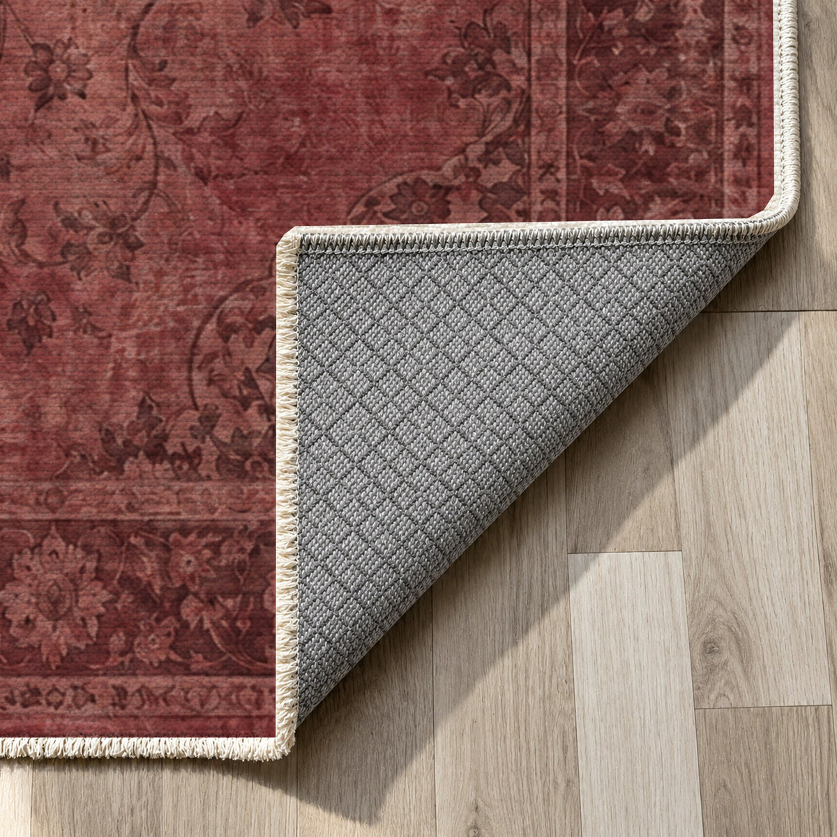 Erased Isfahan Burgundy Red Vintage Washable Rug — backing close up