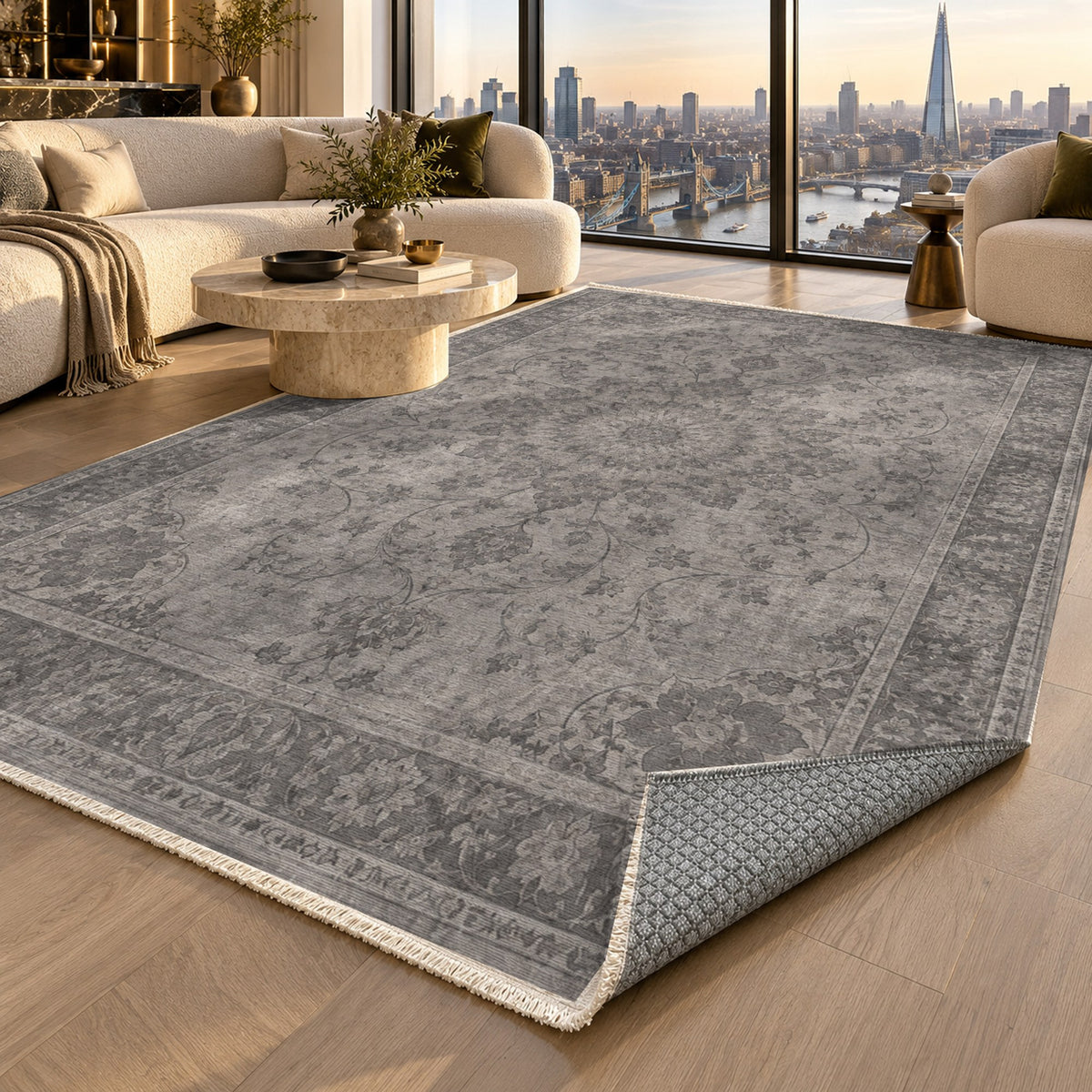 Erased Isfahan Charcoal Silver Vintage Washable Rug — london luxury living