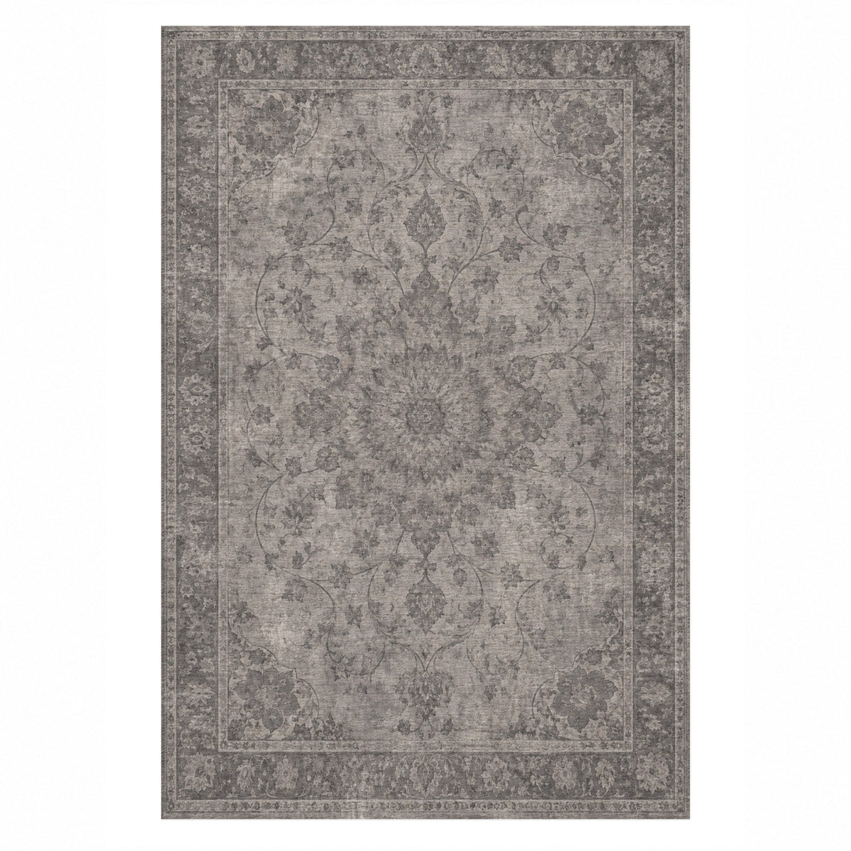 Erased Isfahan Charcoal Silver Vintage Washable Rug — top view