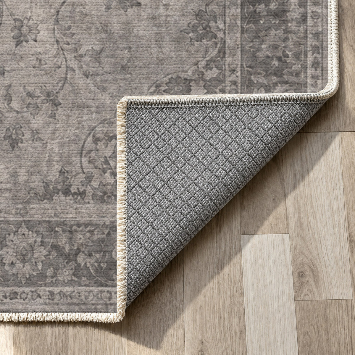 Erased Isfahan Charcoal Silver Vintage Washable Rug — backing close up